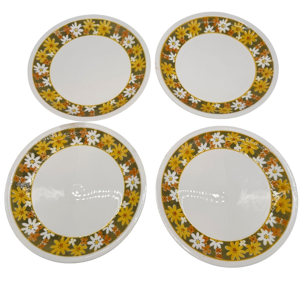 Mikasa Cera-Stone Daisies D1378 10.5" Dinner Plates Set of 4 Vintage Floral 70s
